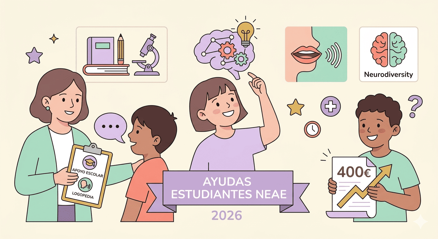 Ilustración sobre ayudas educativas para TDAH y necesidades especiales 2026, con iconos de apoyo escolar, logopedia y el símbolo de neurodiversidad en tonos pastel.