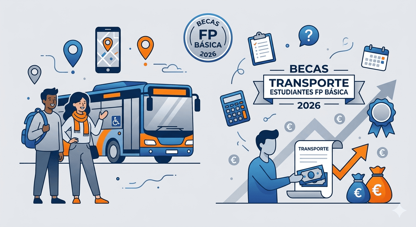 Ilustración de un estudiante de formación profesional básica frente a un autobús escolar y un tren, con iconos de localización y dinero en tonos azul y naranja.