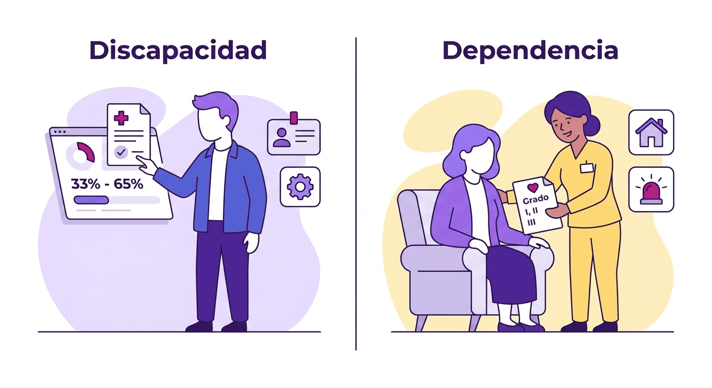 Ilustración comparativa entre discapacidad y dependencia en 2026: a la izquierda, una persona trabajando con adaptaciones (discapacidad); a la derecha, una persona recibiendo apoyo asistencial (dependencia).