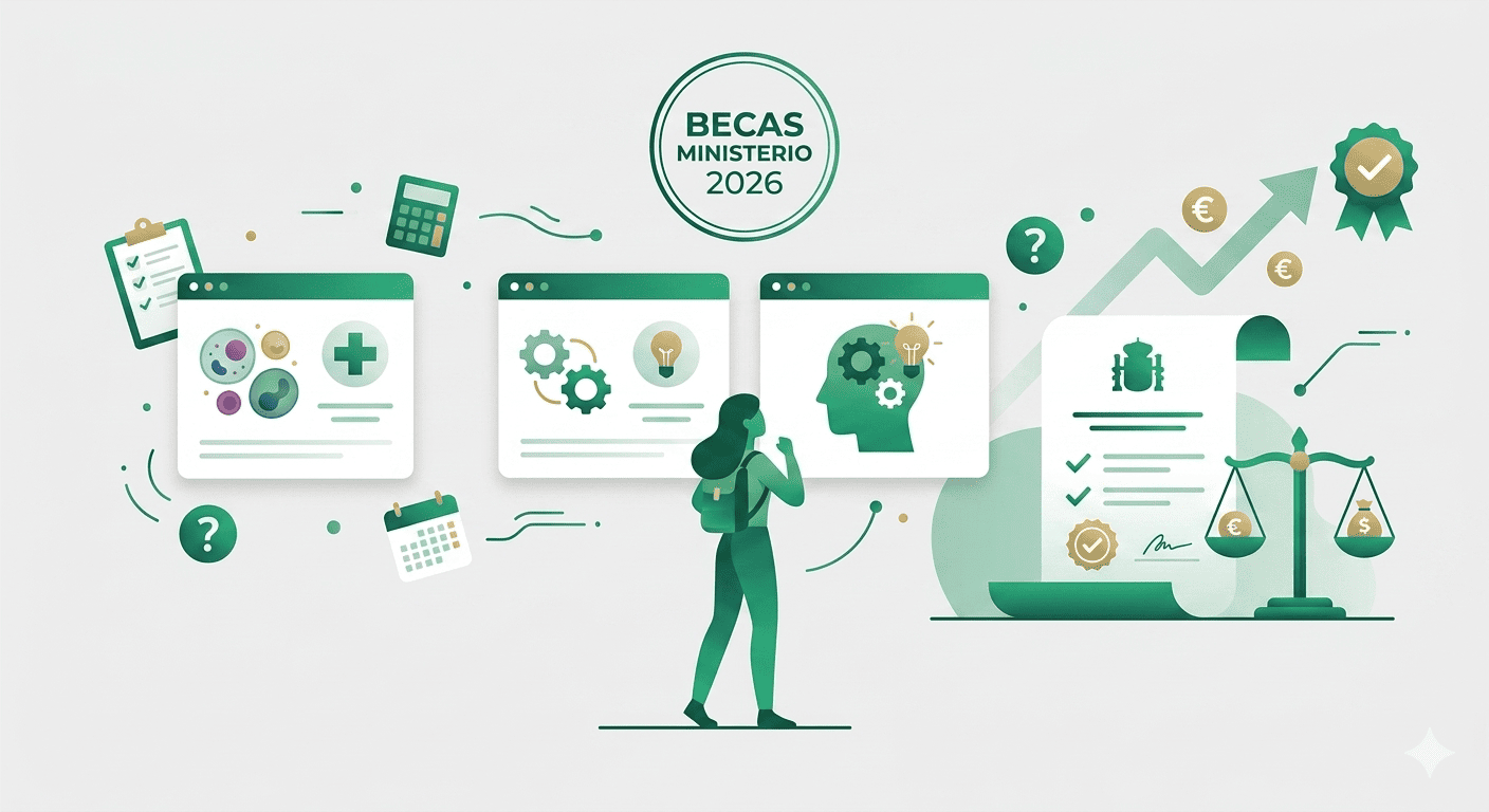 Infografía sobre cómo reclamar la cuantía variable de la beca MEC en 2026, mostrando una lupa sobre un documento oficial, iconos de euros y un calendario de plazos en tonos verdes.